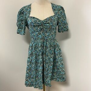 BP Blue, White, Yellow Floral Short Sleeve Sweetheart Neck Mini Dress